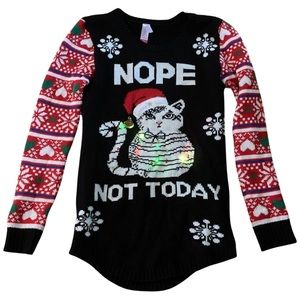 No Boundaries Light Up Cat Nope Not Today Ugly Christmas Sweater Juniors Size M